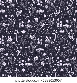 toadstool mushrooms and star seamless pattern. Mystical print design. Hand drawn vector illustration. Vintage background.