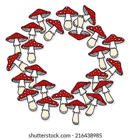  toadstool mushrooms white beige red autumn seasonal seamless decorative wreath on white background