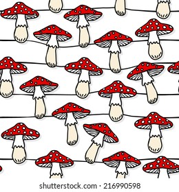  Toadstool mushrooms white beige red autumn seasonal seamless pattern with horizontal lines on white background