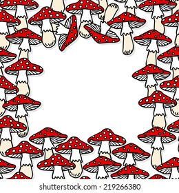 Toadstool mushrooms white beige red autumn seasonal frame on white background with blank place for your text