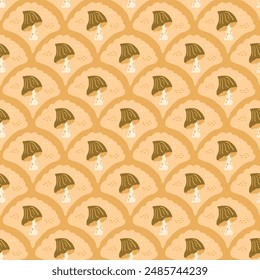 Toadstool scallop seamless pattern. Fly agaric arch repeat background. Inedible mushrooms retro endless design. Vector hand drawn flat illustration.