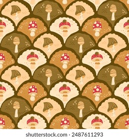 Toadstool scallop seamless pattern. Fly agaric arch repeat background. Inedible mushrooms retro endless design. Vector hand drawn flat illustration.