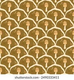 Toadstool scallop seamless pattern. Inedible mushrooms arch repeat background. Vector hand drawn flat illustration.