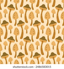 Toadstool seamless pattern. Inedible mushrooms repeat background. Vector hand drawn illustration.