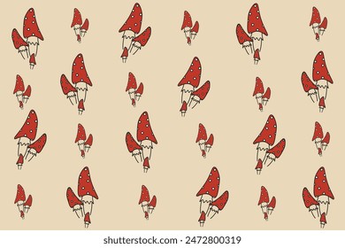 Toadstool seamless pattern in trendy Hand Drawn retro style. Vector design textile, fabric, wall print with Fly Agaric.  Editable stroke. EPS 10