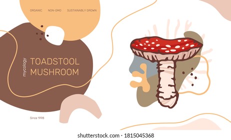 Toadstool web site header or banner vector template. Modern abstract organic shapes, morel mushroom illustration and text samples.