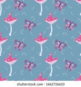 toadstools and butterflies seamless vector pattern