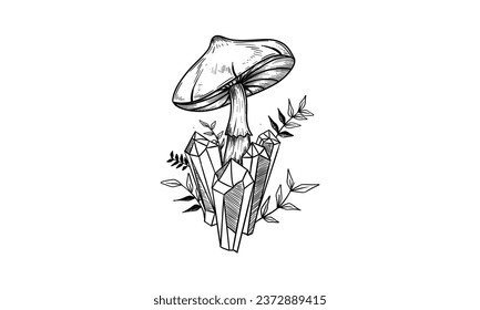 Toadstools with crystals. sketch. Hand drawn illustration converted to vector.