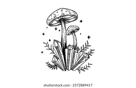 Toadstools with crystals. sketch. Hand drawn illustration converted to vector.