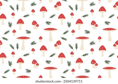 toadstools with fir twigs seamless pattern, autumn, mushroom background- vector illustration