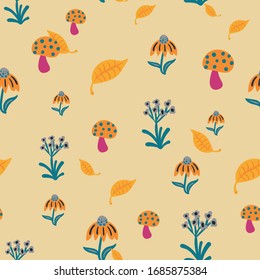 Toadstools, flowers and leaves seamless vector pattern. Yellow surface print design with simple illustrations. For fabrics, stationery and packaging.