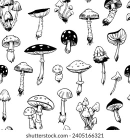 Toadstools, Fliegenagarics, giftige Pilze, nahtlose Muster, Vektorgrafiken. Sketch-Stil