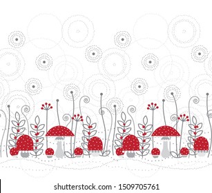 Toadstools in a magical forest on white abstract background. Vector border.