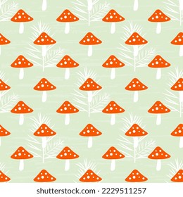 Toadstools setas con ramitas de coníferas sobre un fondo verde, texturadas. Ilustración vectorial de un vaso forestal.