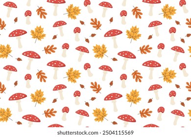 toadstools seamless pattern with colorful leaves, autumn, mushroom background- vector illustration