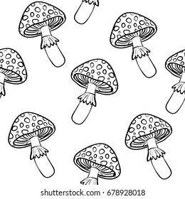 Toadstools seamless vector background, black and white line drawing.