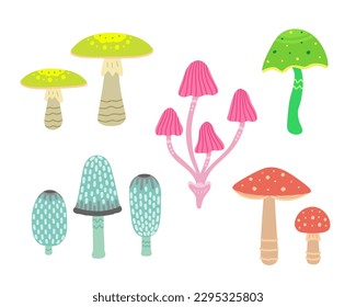 toadstools set, retro mushrooms. Vector Illustration for printing, backgrounds, covers and packaging. Image can be used for greeting cards, posters, stickers and textile. Isolated on white background.