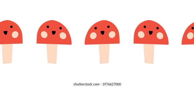 Toadstools smiling seamless vector kids border. Cute repeating pattern mushroom fungi with smiling faces. Surface design for fabric trim, children decor, baby nursery, footer, header, good luck cards.