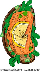 toast with arugula and salmon on gray whole grain bread, vector image
