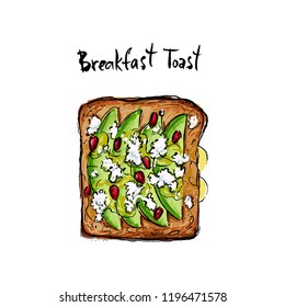 Toast with avocado, feta, pomegranate seeds and olive oil. Food for breakfast.