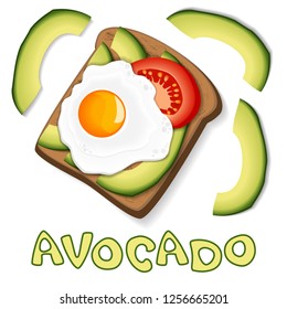 Toast with avocado and fried egg, with slices of tomato on bread. Healthy diet food. Element for menu design, banner, print or poster. Vector illustration