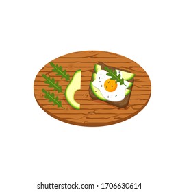 Toast with avocado, lettuce, fried egg, sesame seeds. Fresh toasted bread with slices of ripe avocado on a wooden kitchen board, isolated on white background. Vector flat illustration.