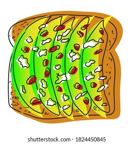 Toast with avocado, pomegranate, cheese. Vector cartoon illustration. Isolated objects on a white background