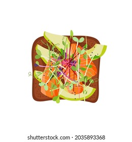 Toast with avocado, salmon, micro green. Snack. Overhead view of isolated Breakfast snacks on sandwich vector flat. For menu, cafe, restaurant, poster, banner, emblem, sticker. Healthy green eating.