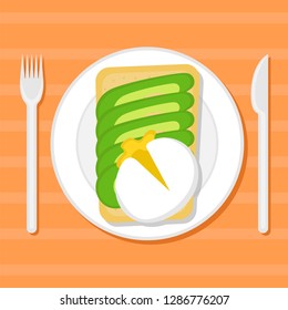 Toast with avocado slices and poached egg on a plate. Flat vector illustration. Top view