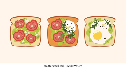 Toast with avocado and tomatoes, eggs, vegetables and herbs. Delicious breakfast. Cartoon vector graphics.