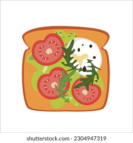 Toast with avocado and tomatoes, eggs, vegetables and herbs. Delicious breakfast. Cartoon vector graphics.