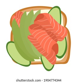 Toast with avocado,cucumber and salmon isolated on white background. Vector hand drawn illustration.
