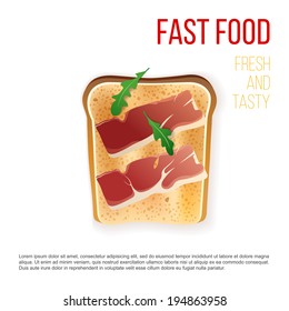 Toast with bacon isolated on white background