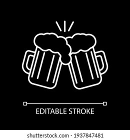 Toast with beer mugs white linear icon for dark theme. Party celebration with friends. Thin line customizable illustration. Isolated vector contour symbol for night mode. Editable stroke