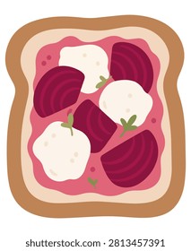 Toast with beet slices, goat cheese and fresh herbs, shown from above and isolated on a white background.