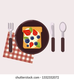 Toast with berries and cream cheese served on a plate with fork, knife, spoon and napkin. Healthy food. Vector illustration. 