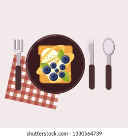 Toast with bog bilderries and cream cheese served on a plate with fork, knife, spoon and napkin. Healthy food. Vector illustration.