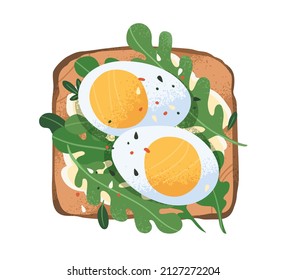 Toast with boiled eggs, rucola and cream cheese on grilled bread. Sandwich with slices of fresh ingredients. Vegetarian snack. Breakfast food. Flat vector illustration isolated on white background