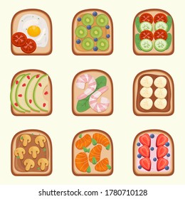 Ilustración vectorial del desayuno tostado. Colección de sándwiches tostados.Tostadas con diferentes ingredientes Vista superior.