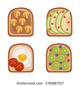 Toast breackfast vector illustration. Toasted sandwiches collection.Toasts with different ingredients Top View.