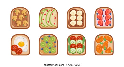 Toast breackfast vector illustration. Toasted sandwiches collection.Toasts with different ingredients Top View.