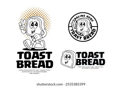 toast bread bakery outline retro cartoon character mascot illustration with walking pose and showing peace hand for pastry, dessert, restaurant, bake shop mascots and merchandise