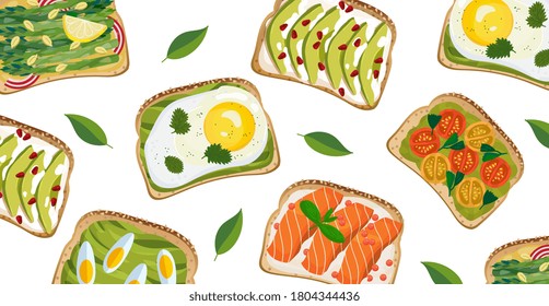 Toast bread breakfast set with different healthy toppings - fried egg, salmon, fish, tomatoes, avocado, cream cheese and asparagus. Top view. Vegetarian snacks. Vector illustration