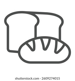 Toast bread and bun line icon, charity concept. Vector graphics. Dark and white loaf bread, bakery sign on white background, outline style icon for mobile or web design