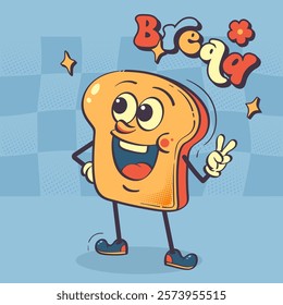 Toast bread cartoon character vector illustration. Toast bread mascot on blue background. Groovy, rubber hose vintage style.