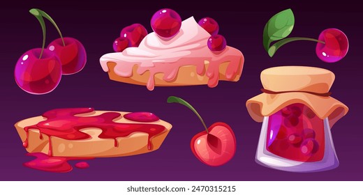 Toast bread with cherry jam and cream. Cartoon vector illustration set of sweet snack with red berry spread and dairy products. Organic gourmet food. Dessert sandwich with fruit jelly preserve.