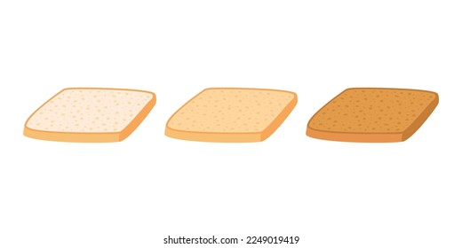Toast bread cut slice from wheat set. Toasted piece bakery food. Slices of toast bread with varying degrees of toasting. Square loaf, white bread. Vector illustration