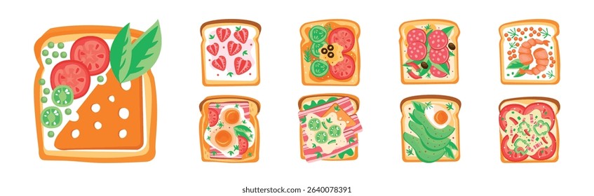 Toast with Bread and Different Top Ingredients Vector Set