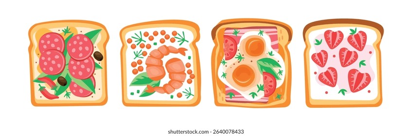 Toast with Bread and Different Top Ingredients Vector Set