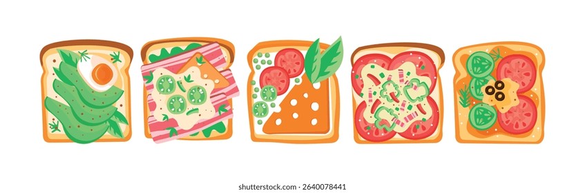 Toast with Bread and Different Top Ingredients Vector Set